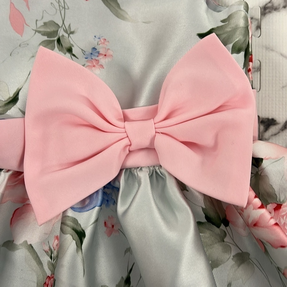 Rare Editions Girls flowery short sleeve dress with front bow and back bow - Picture 2 of 9